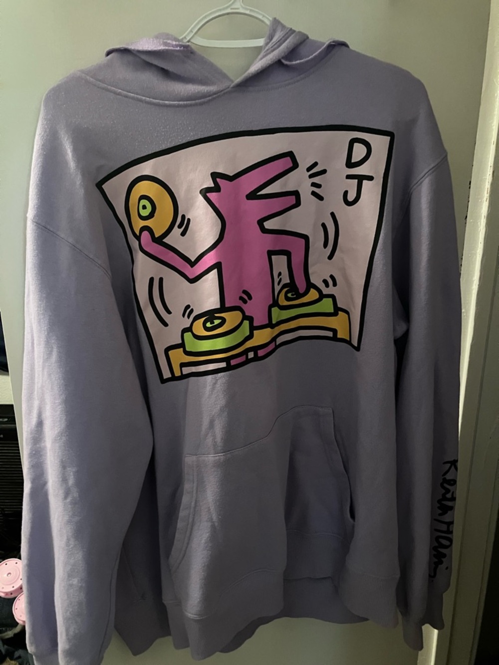 Keith Haring DJ Graphic Purple Hoodie Long Sleeve Size XL
